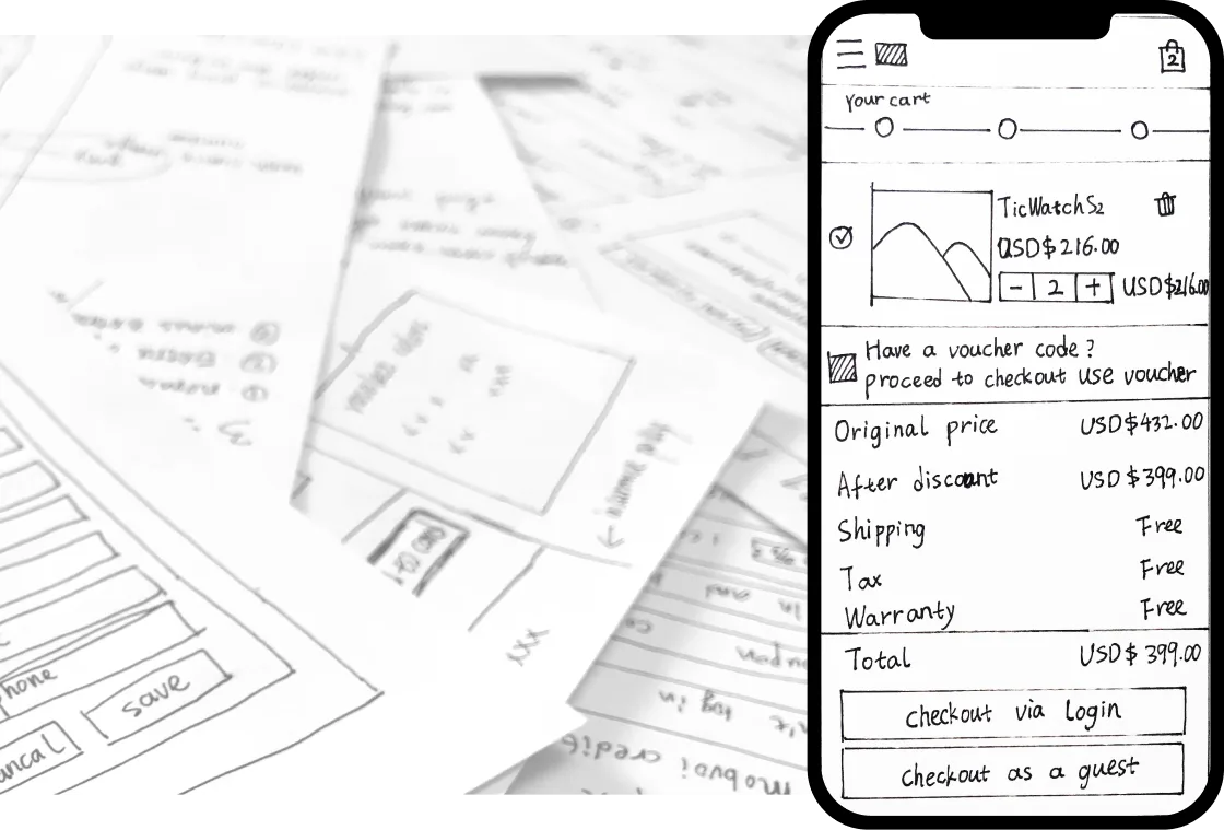 Lo-fi wireframe sketches and mobile mockup