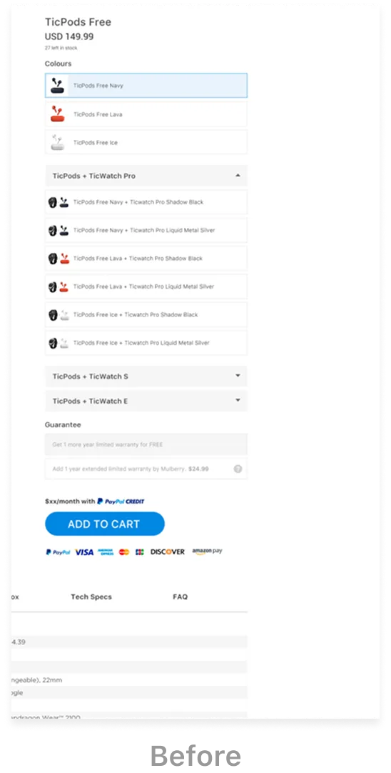 Before — product page original design