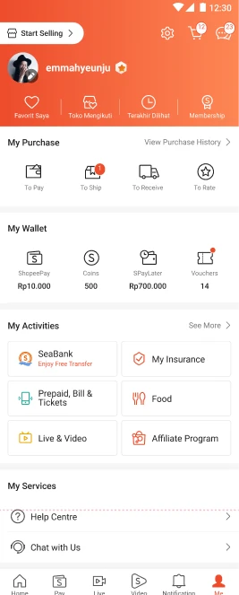 Shopee Me Page