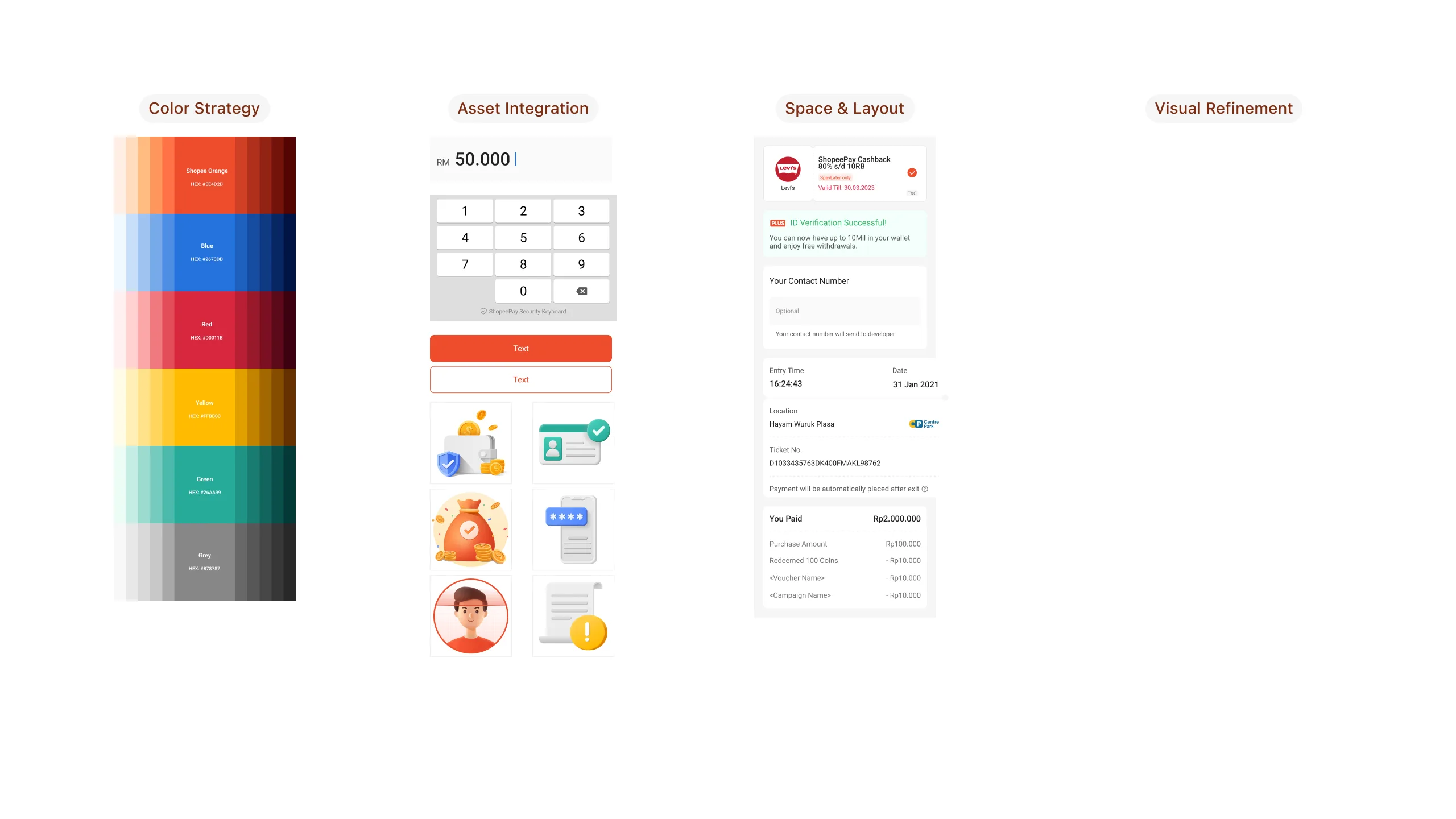 Visual Refinement — color strategy, asset integration, space & layout, visual refinement examples