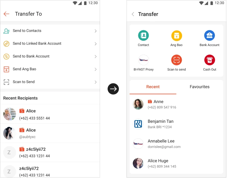 P2P Transfer — Before and after phone screens